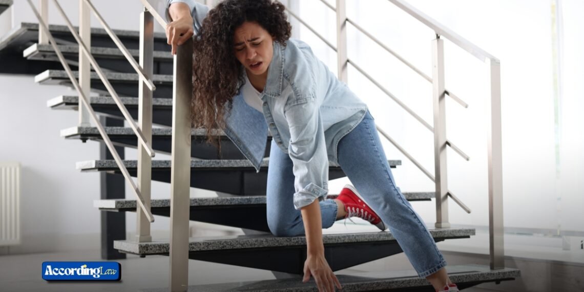 A woman falling on indoor stairs, illustrating common trip and fall accidents.