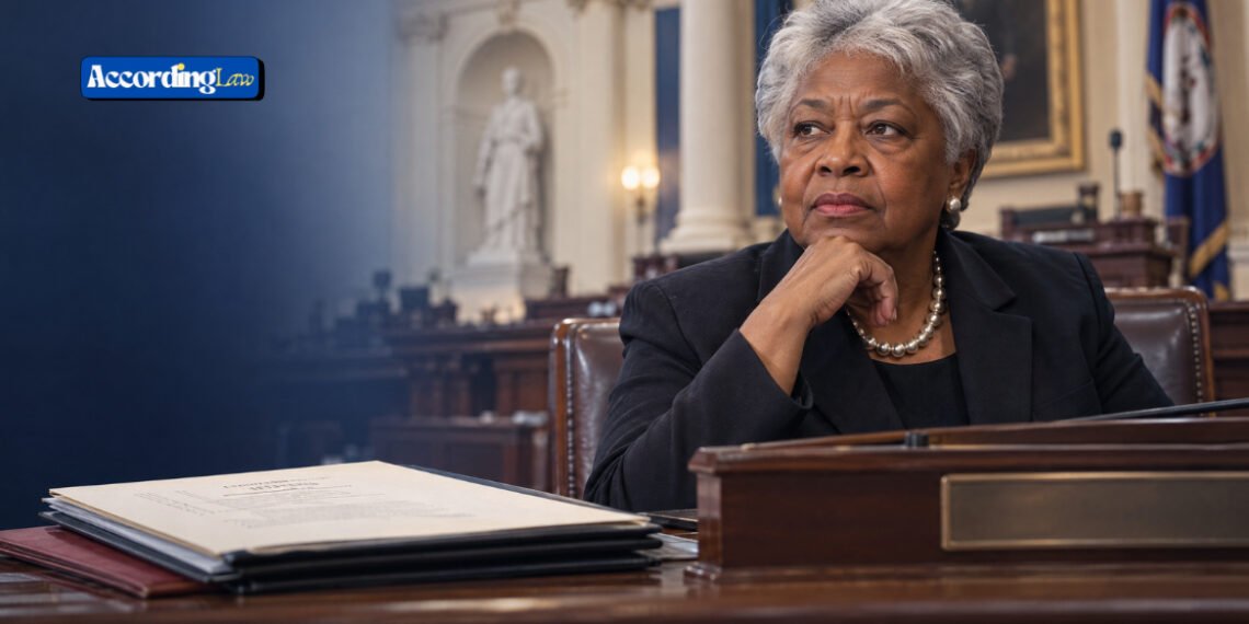 Editorial illustration of Louise Lucas facing a federal indictment.
